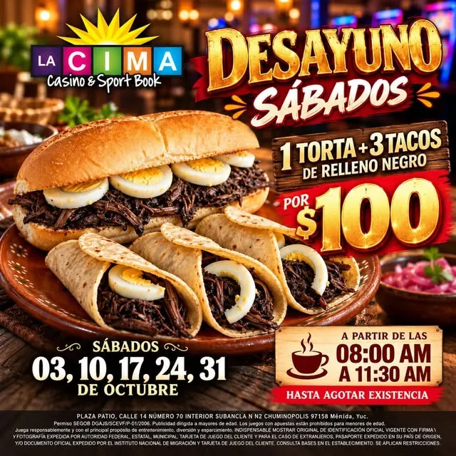 Flyer: Desayuno sábados, Sábados 3, 10, 17, 24 y 31 de octubre · 8:00 a 11:30 a.m.