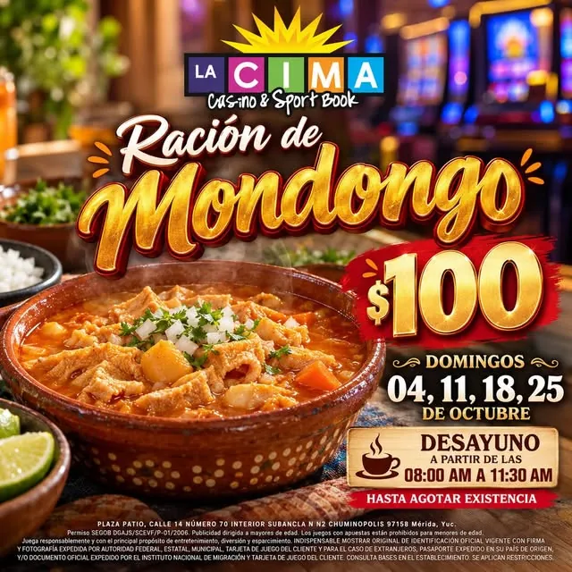 Flyer: Ración de mondongo, Domingos 4, 11, 18 y 25 de octubre · 8:00 a 11:30 a.m.